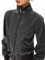 XPKAEAX Washed Deconstructed Studded Harrington Short Women's Casual Jackets