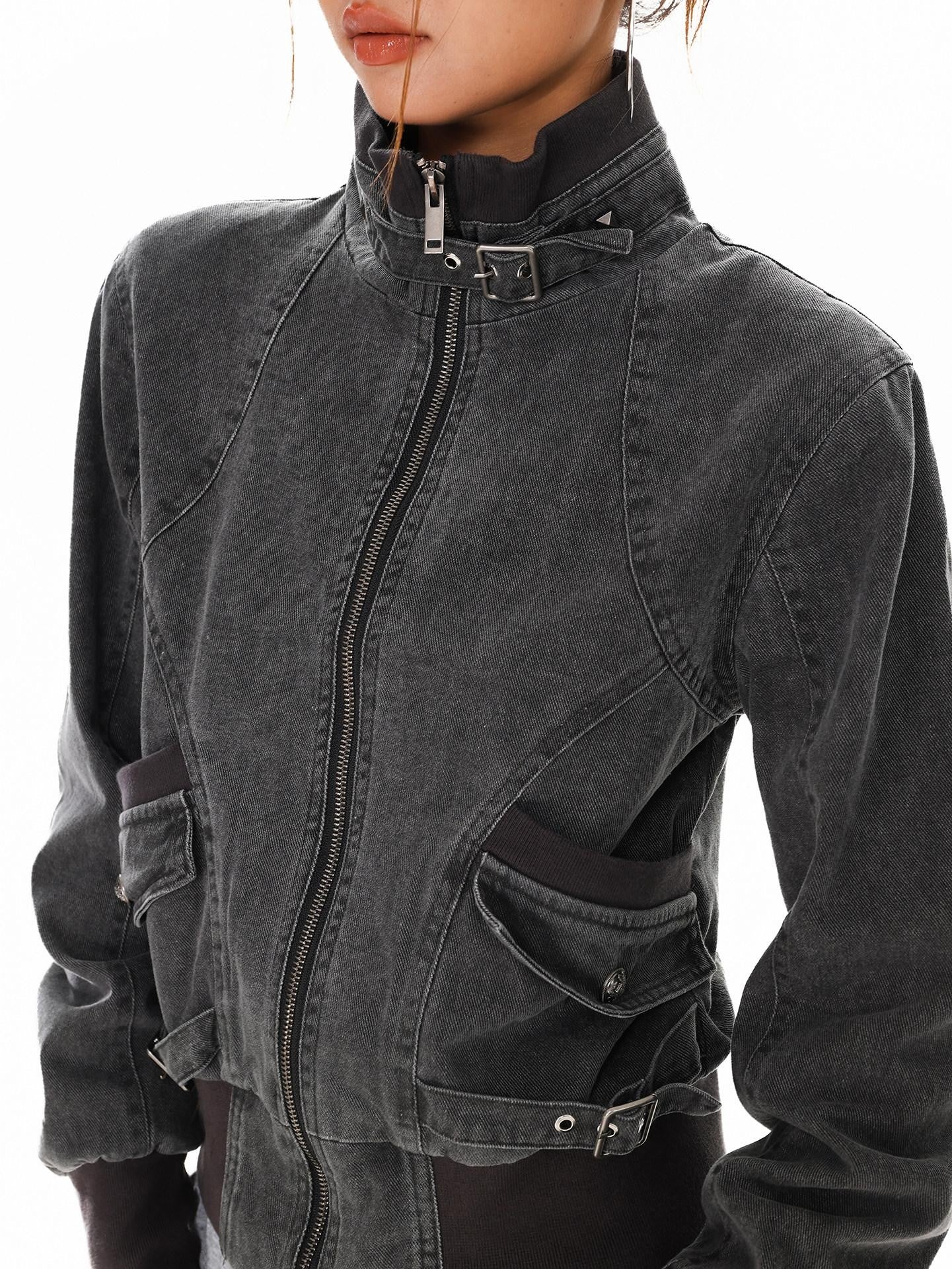 XPKAEAX Washed Deconstructed Studded Harrington Short Women's Casual Jackets