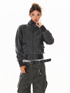 XPKAEAX Washed Deconstructed Studded Harrington Short Women's Casual Jackets