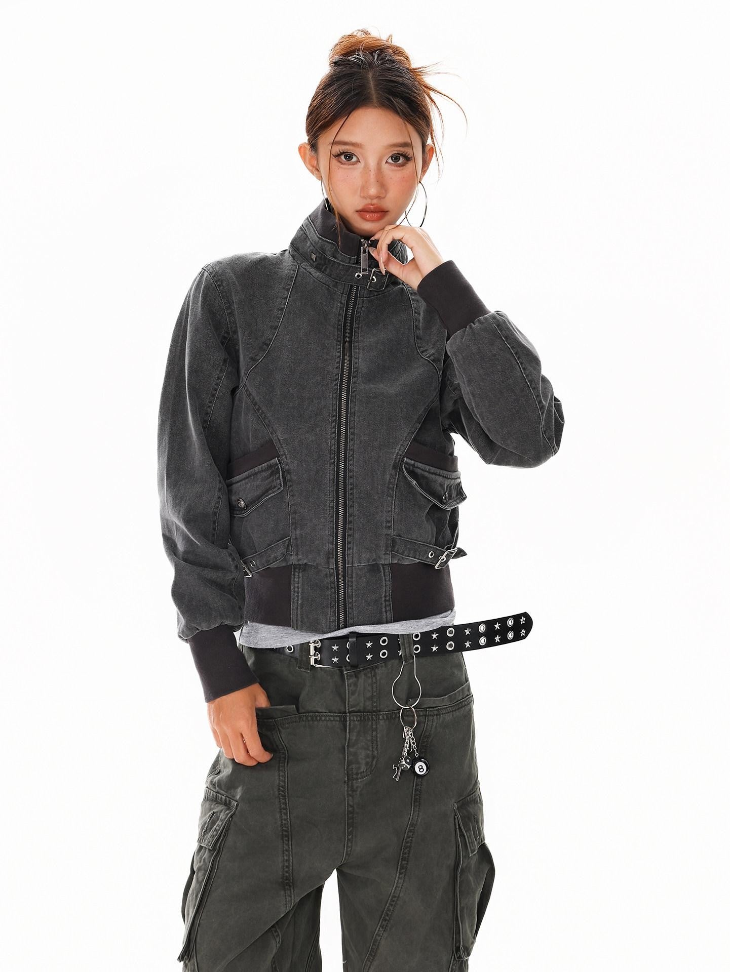 XPKAEAX Washed Deconstructed Studded Harrington Short Women's Casual Jackets