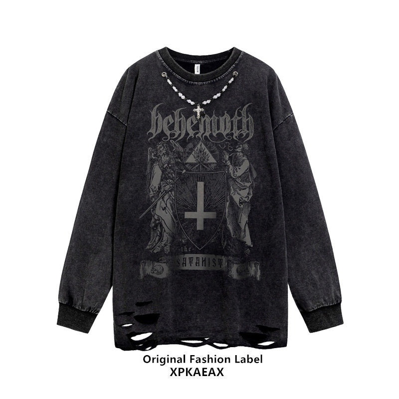 XPKAEAX Washed Distressed Vintage Hiphop Print Oversized Women's Other Fabric Sweatshirts 679312301231