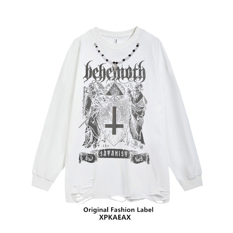 XPKAEAX Washed Distressed Vintage Hiphop Print Oversized Women's Other Fabric Sweatshirts 679312301231