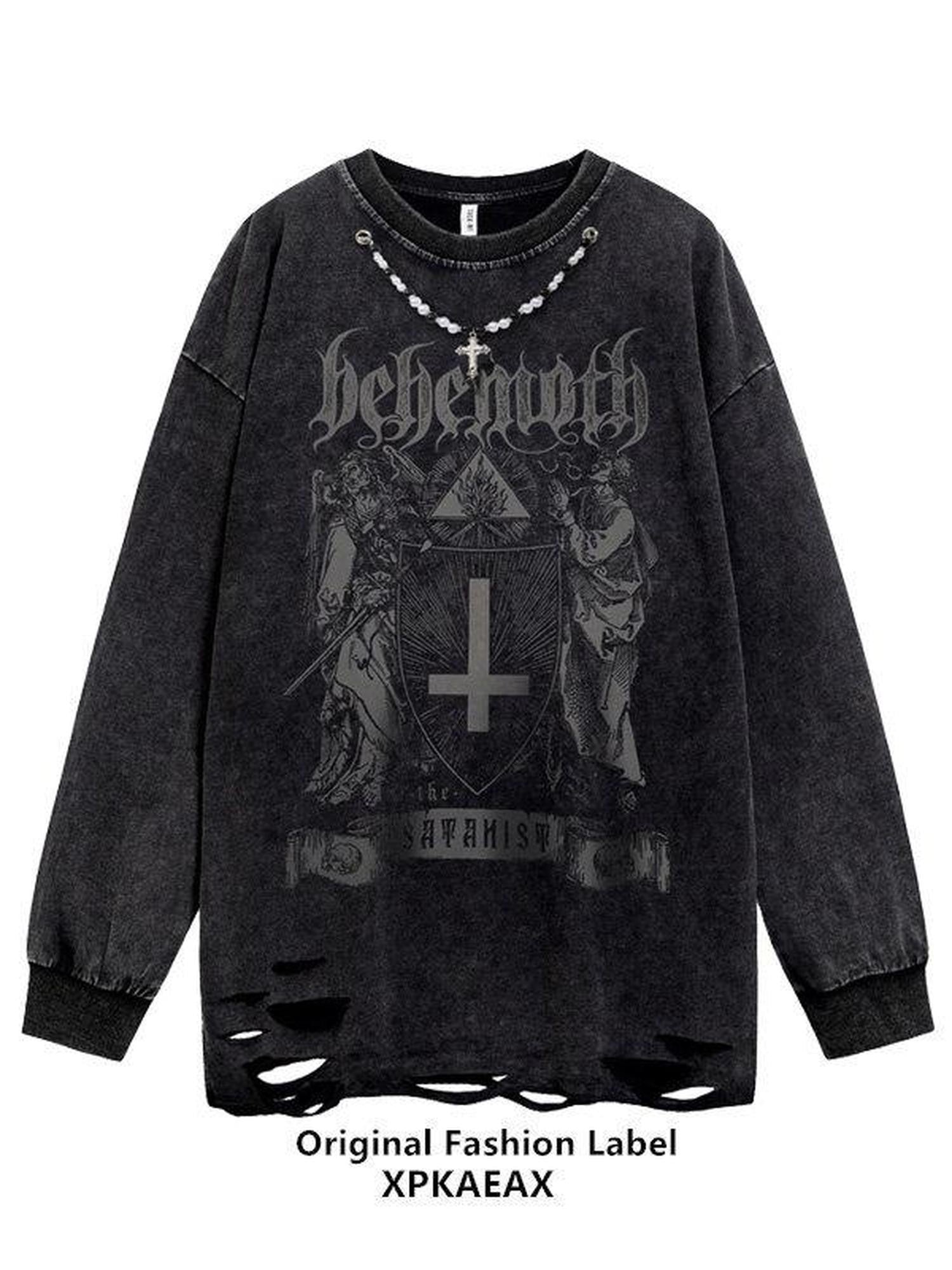 XPKAEAX Washed Distressed Vintage Hiphop Print Oversized Women's Other Fabric Sweatshirts