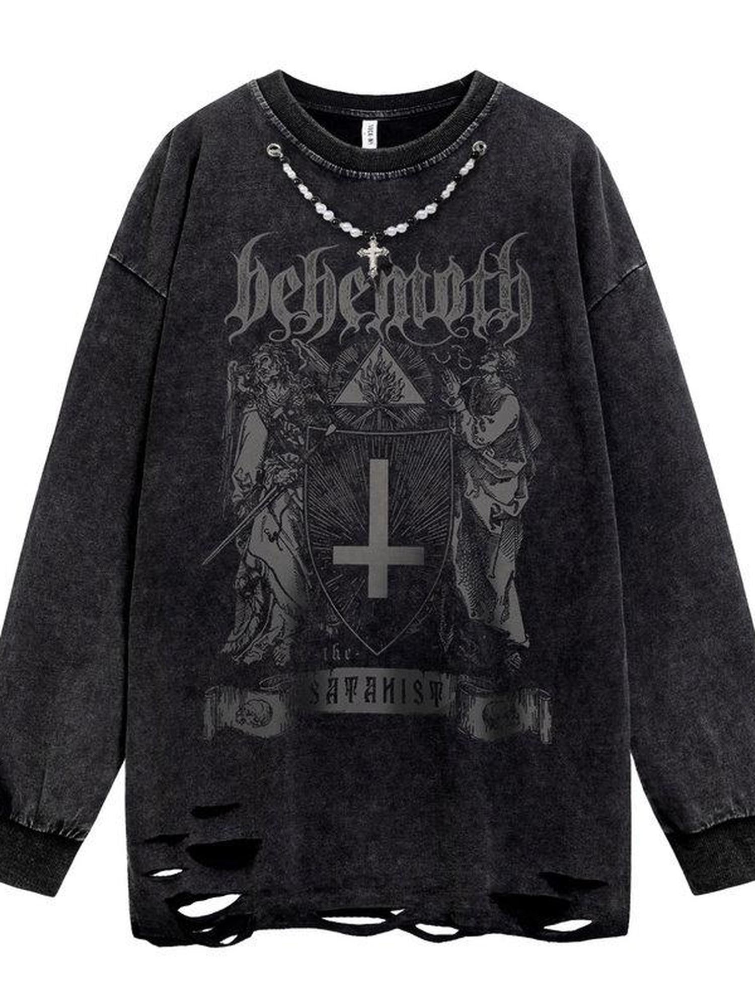 XPKAEAX Washed Distressed Vintage Hiphop Print Oversized Women's Other Fabric Sweatshirts