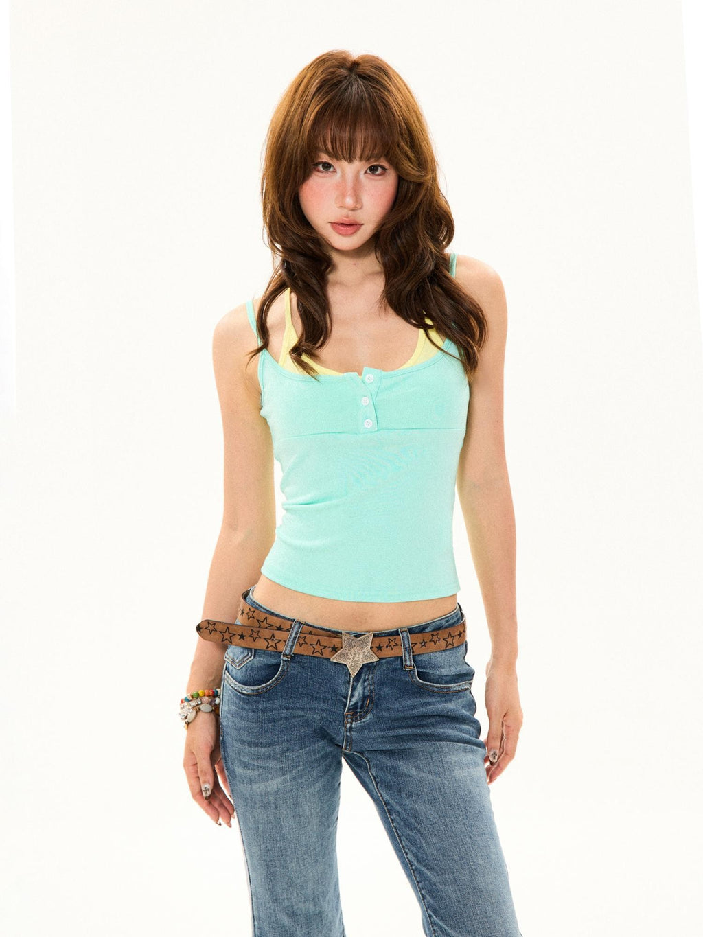 YOUNG STAGE American Color Block Faux Layered U Neck Women's Ribbed Knit Tank Tops