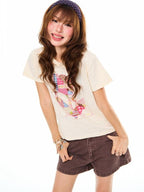YOUNG STAGE American Floral Print Fitted Shoulder Round Neck Cotton Women's Short Sleeve T-shirts