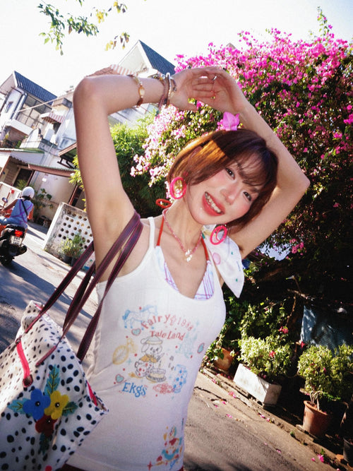 YOUNG STAGE American Graffiti Print U Neck Slim Fit Women's Camisoles