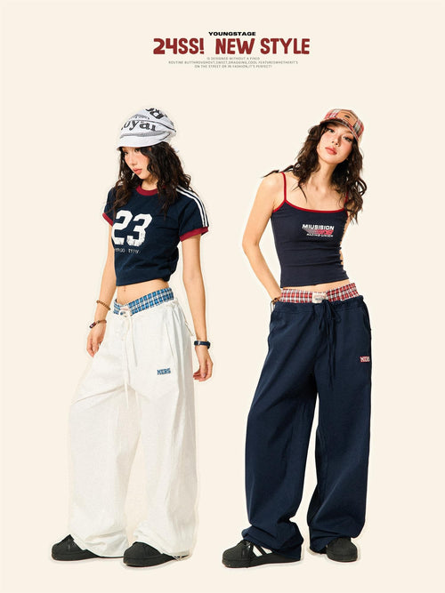 YOUNG STAGE American Retro Plaid Spliced Double Waist Women's Polyester Chinos
