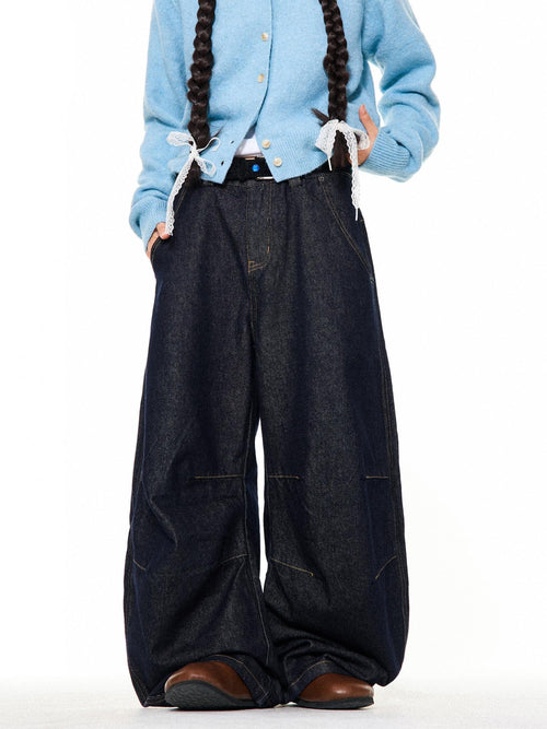 YOUNG STAGE American Retro Raw Denim Pleated Wide-leg Jeans Women's Loose Fit Wide-leg Jeans