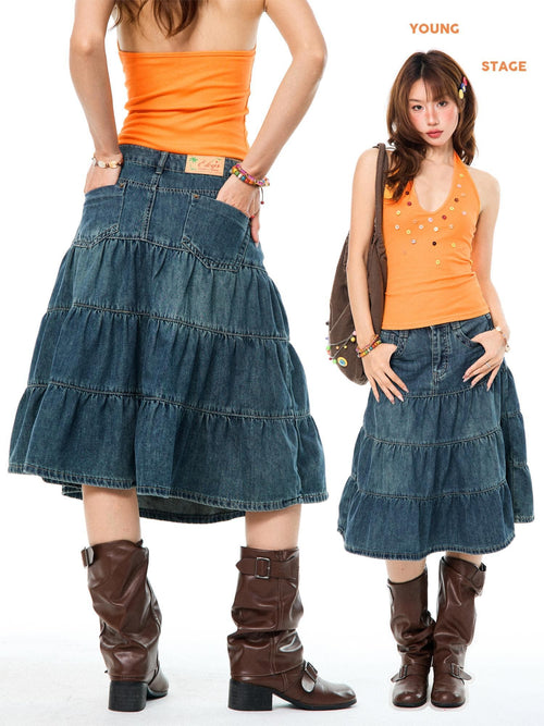 YOUNG STAGE American Retro Ruched Tiered High Waist Loose Women's Midi Skirts