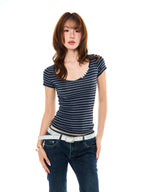 YOUNG STAGE American Retro Striped V-neck Button Slim Fit Cropped Women's Short Sleeve T-shirts