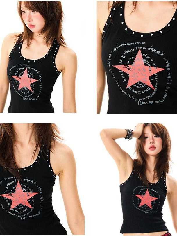 YOUNG STAGE American Retro Studded Print Slim Fit Women's Cotton Tank Tops