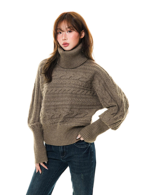 YOUNG STAGE Cable Knit Turtleneck Loose Detachable Scarf Women's Knit Sweaters