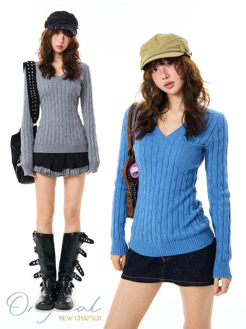 YOUNG STAGE Cable Knit V-neck Slim Fit Women's Knit Sweaters