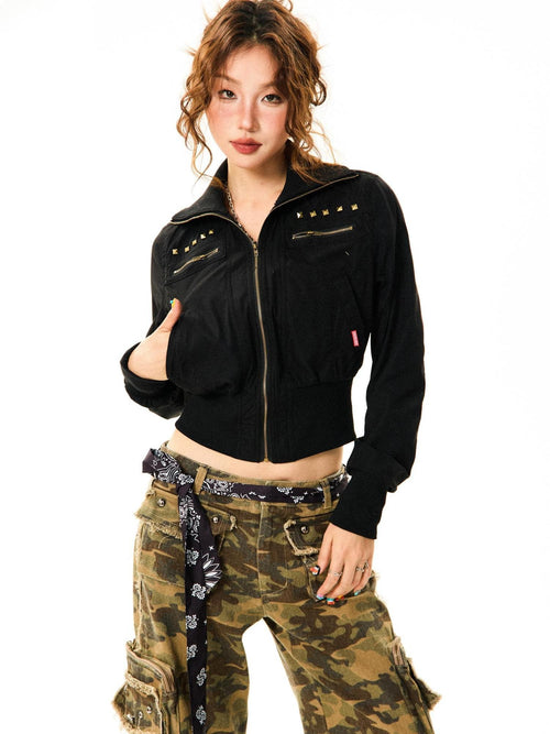 YOUNG STAGE Camouflage Zip Up Slim Fit Women's Cropped Jackets