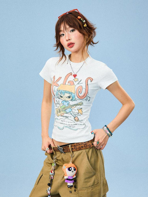 YOUNG STAGE Cartoon Graffiti Print Slim Fit Women's Cotton Short Sleeve T-shirts