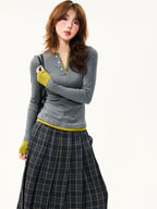 YOUNG STAGE Color Block Slim Fit Layered V-neck Women's Cotton Long Sleeve T-shirts