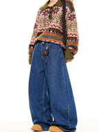 YOUNG STAGE Distressed American Style Curved Blade Women's Wide-leg Jeans
