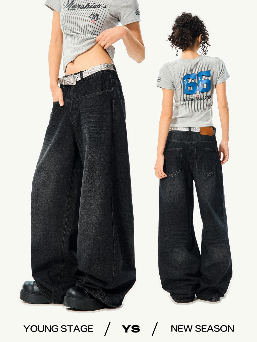 YOUNG STAGE Distressed Black Loose Fit Women's Denim Wide-leg Jeans