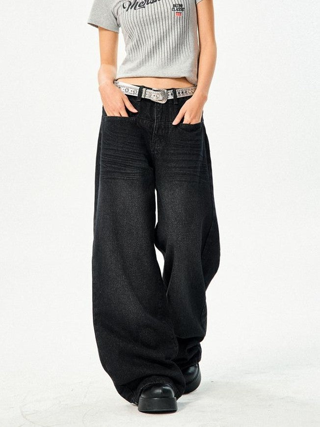 YOUNG STAGE Distressed Black Loose Fit Women's Denim Wide-leg Jeans
