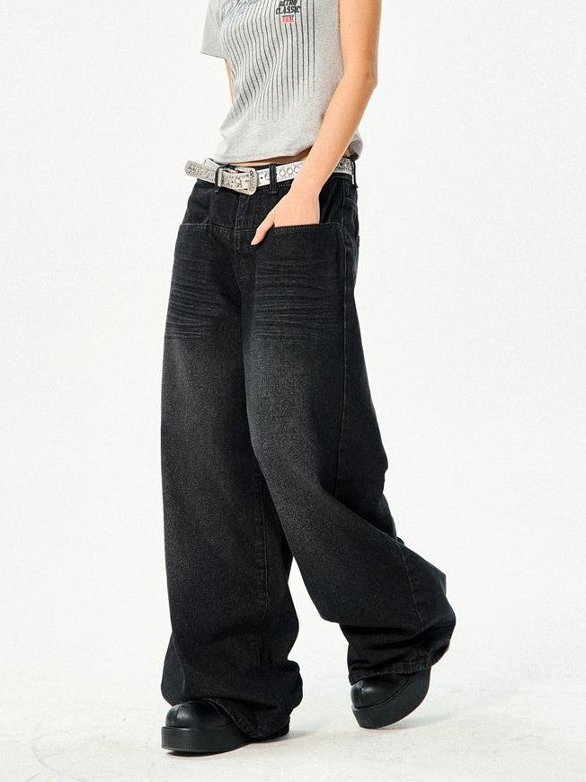 YOUNG STAGE Distressed Black Loose Fit Women's Denim Wide-leg Jeans