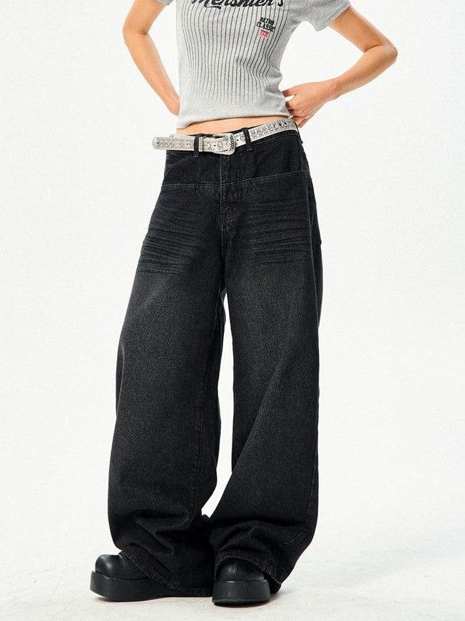 YOUNG STAGE Distressed Black Loose Fit Women's Denim Wide-leg Jeans