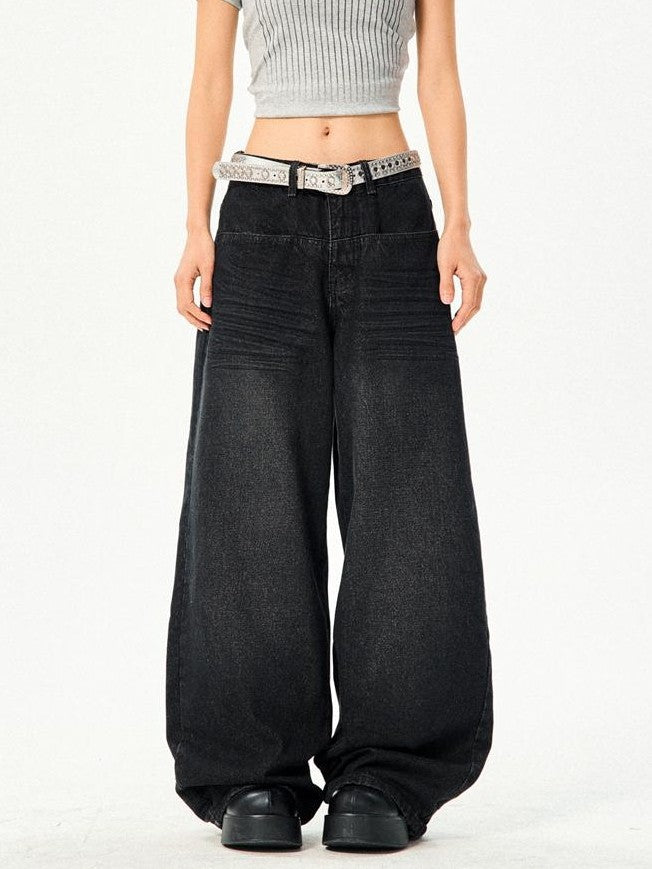 YOUNG STAGE Distressed Black Loose Fit Women's Denim Wide-leg Jeans