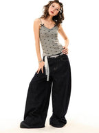 YOUNG STAGE Distressed Dark Blue Denim Women's Wide-leg Jeans