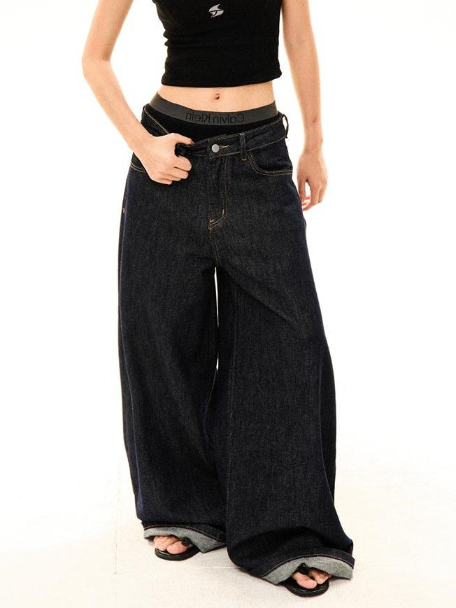 YOUNG STAGE Distressed Dark Blue Denim Women's Wide-leg Jeans