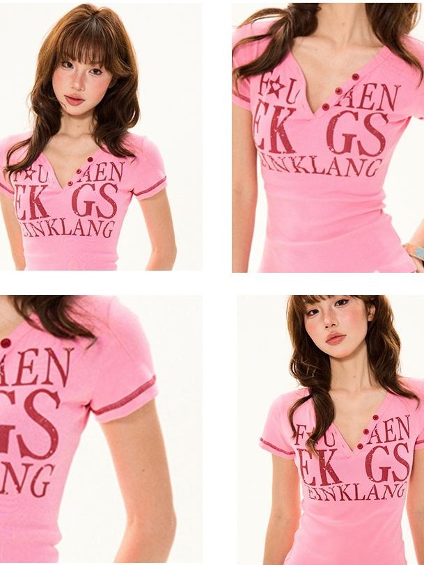 YOUNG STAGE Distressed Letter Print V-neck Button Slim Fit Women's Cotton Short Sleeve T-shirts