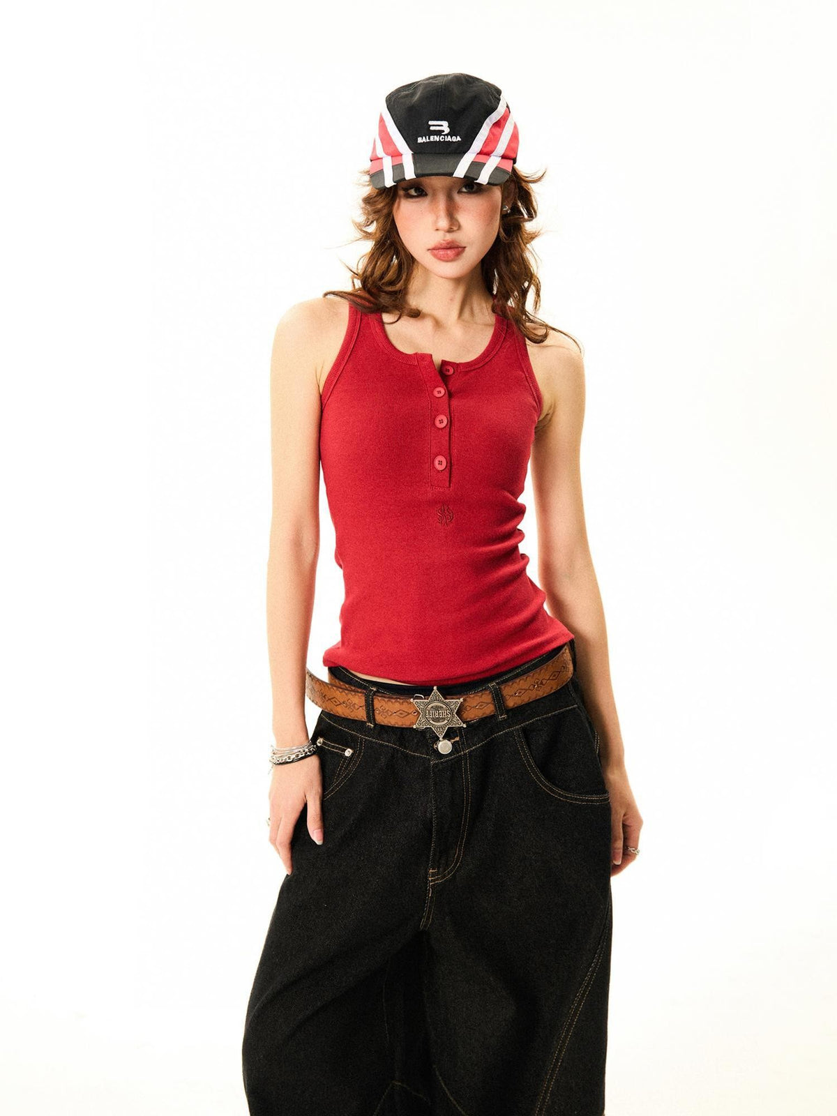 YOUNG STAGE Distressed Slim Fit Button Front Half High Neck Cotton Women's Tank Tops