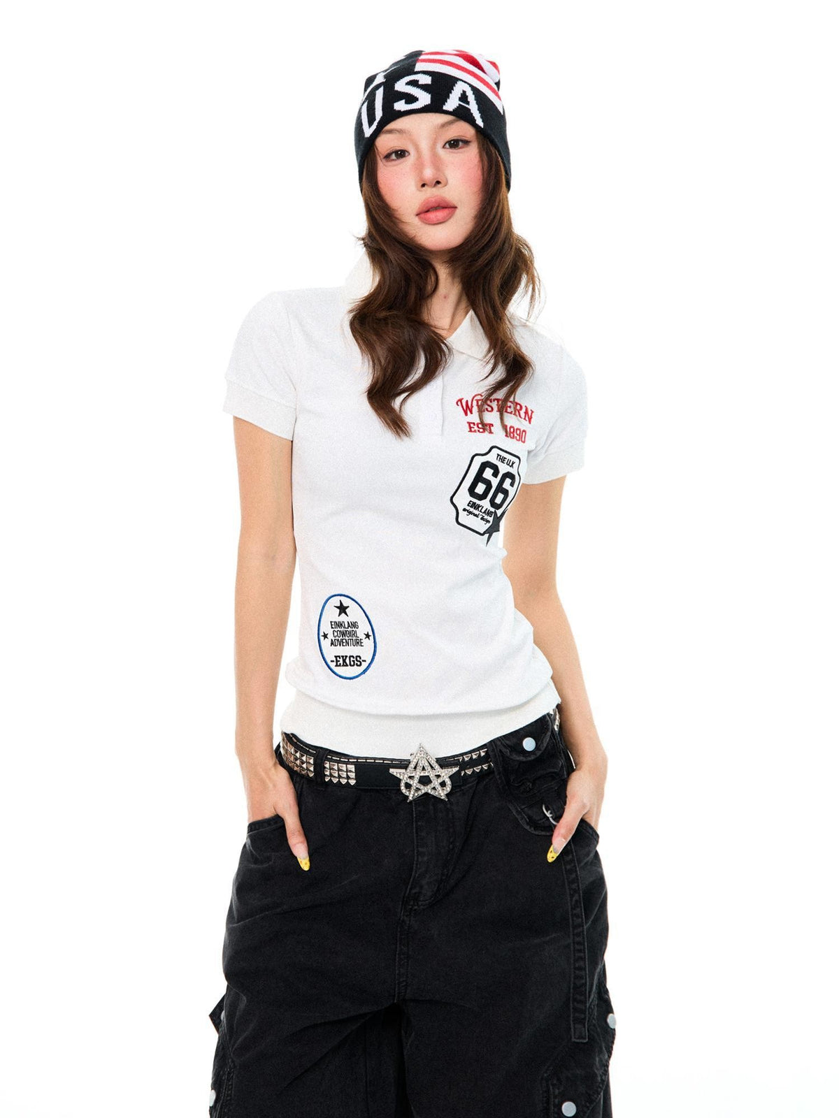 YOUNG STAGE Embroidered Letter Slim Fit Polo Collar Women's Cotton Short Sleeve T-shirts