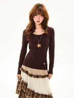 YOUNG STAGE Embroidered Solid Color Knit Slim Fit Women's Long Sleeve T-shirts
