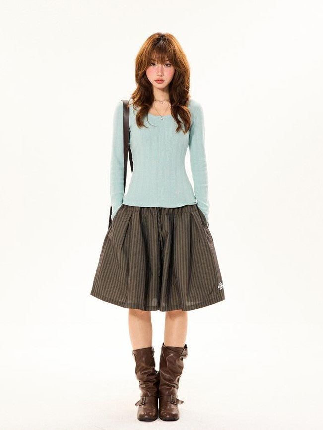 YOUNG STAGE Embroidered Solid Color Knit Slim Fit Women's Long Sleeve T-shirts