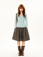 YOUNG STAGE Embroidered Solid Color Knit Slim Fit Women's Long Sleeve T-shirts
