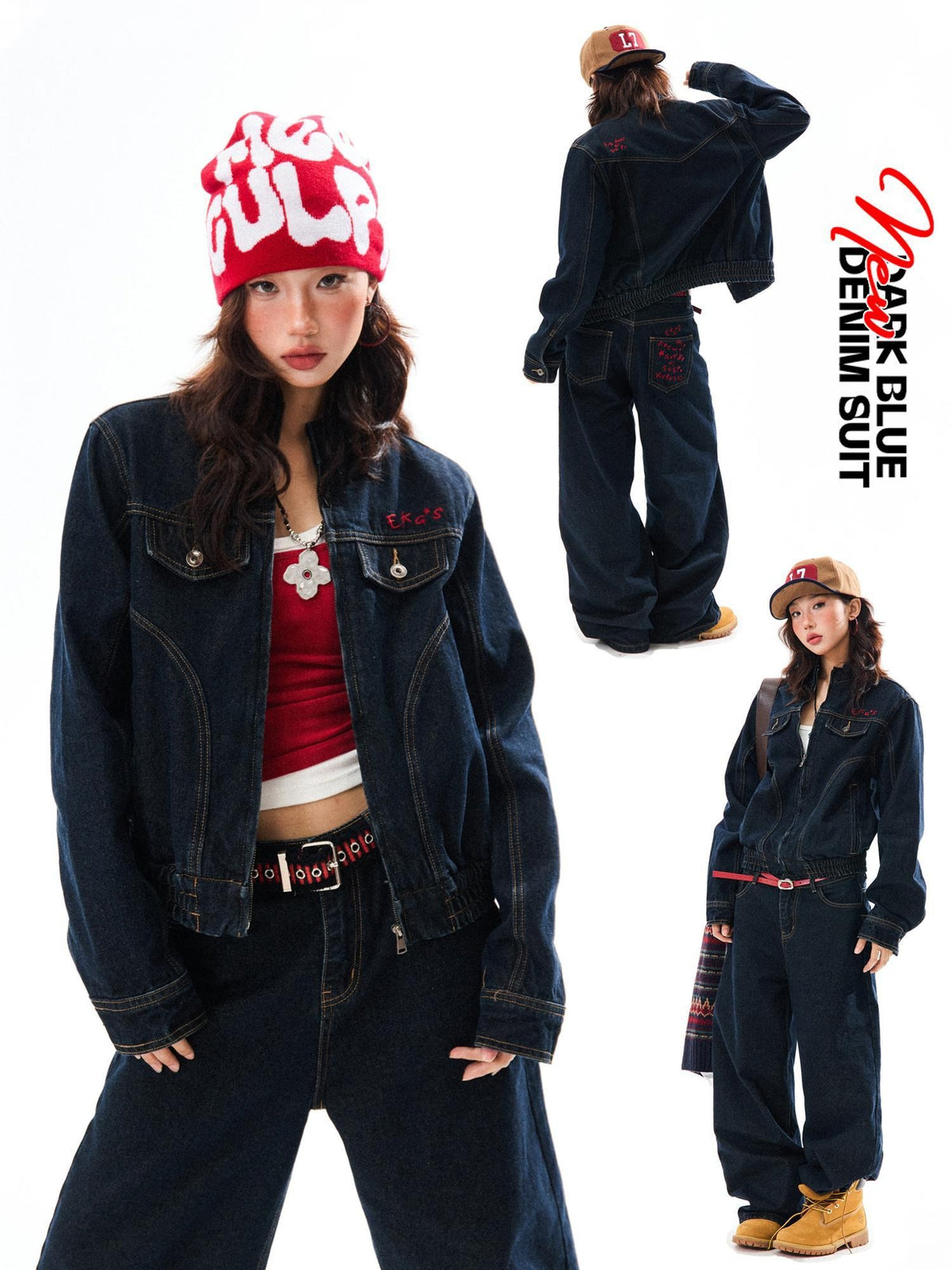 YOUNG STAGE Embroidered Washed Cotton Women's Wide-leg Jeans
