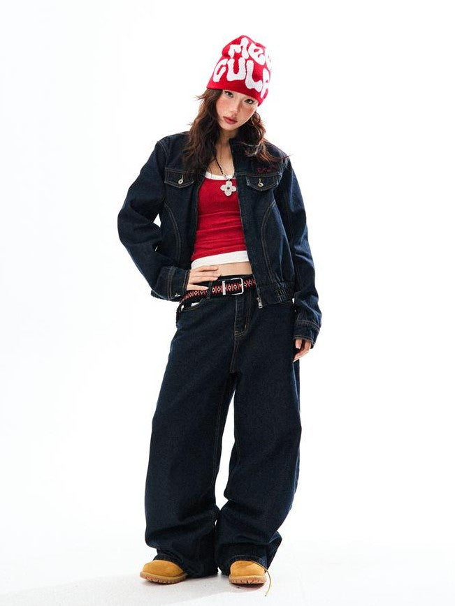 YOUNG STAGE Embroidered Washed Cotton Women's Wide-leg Jeans