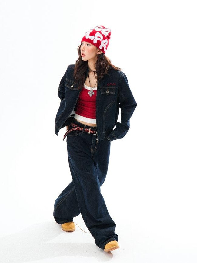 YOUNG STAGE Embroidered Washed Cotton Women's Wide-leg Jeans