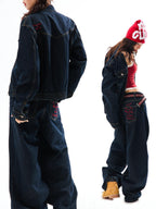 YOUNG STAGE Embroidered Washed Cotton Women's Wide-leg Jeans