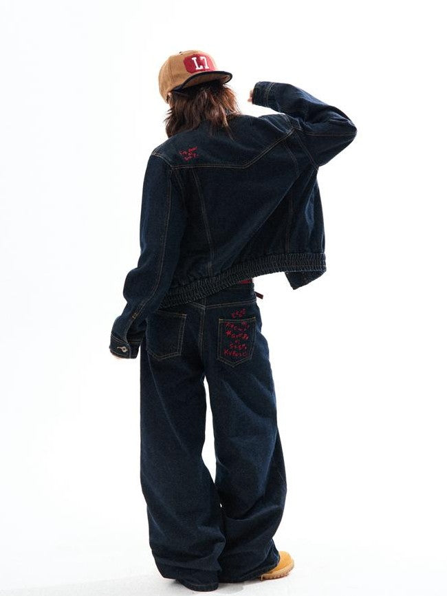 YOUNG STAGE Embroidered Washed Cotton Women's Wide-leg Jeans