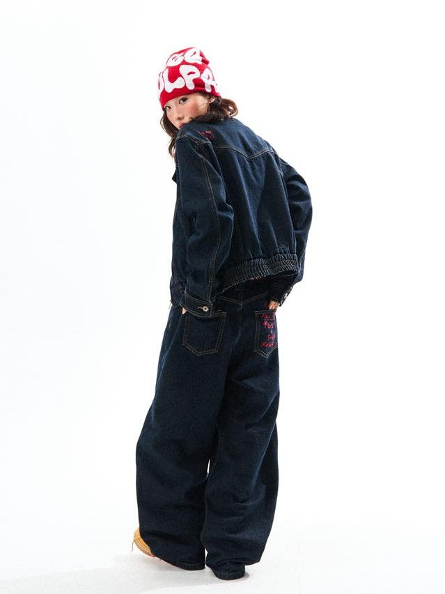 YOUNG STAGE Embroidered Washed Cotton Women's Wide-leg Jeans