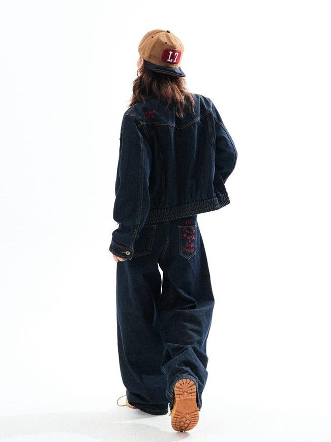 YOUNG STAGE Embroidered Washed Cotton Women's Wide-leg Jeans