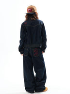 YOUNG STAGE Embroidered Washed Cotton Women's Wide-leg Jeans
