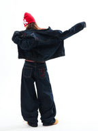 YOUNG STAGE Embroidered Washed Cotton Women's Wide-leg Jeans