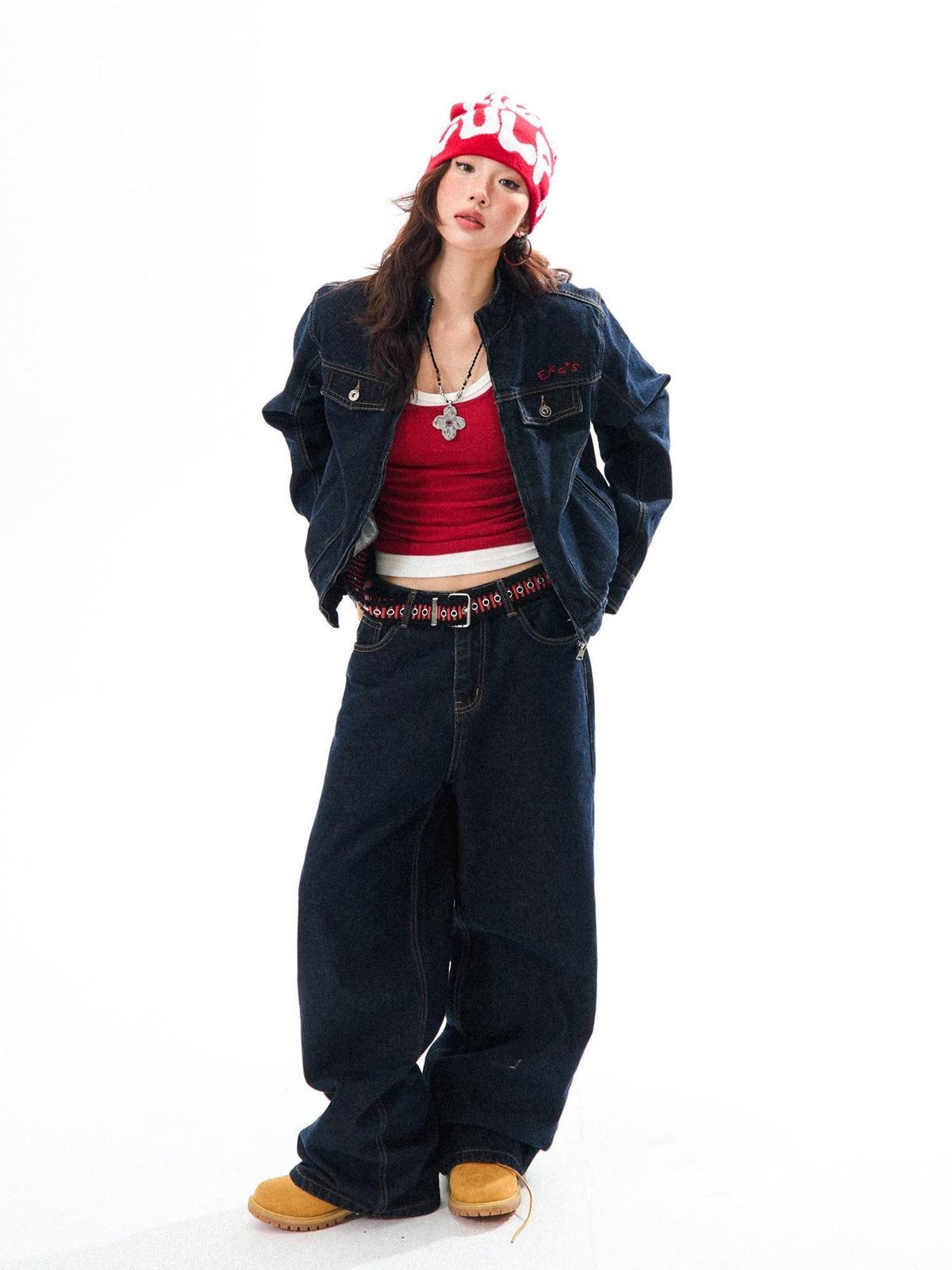 YOUNG STAGE Embroidered Washed Cotton Women's Wide-leg Jeans