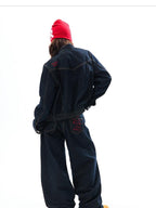 YOUNG STAGE Embroidered Washed Cotton Women's Wide-leg Jeans