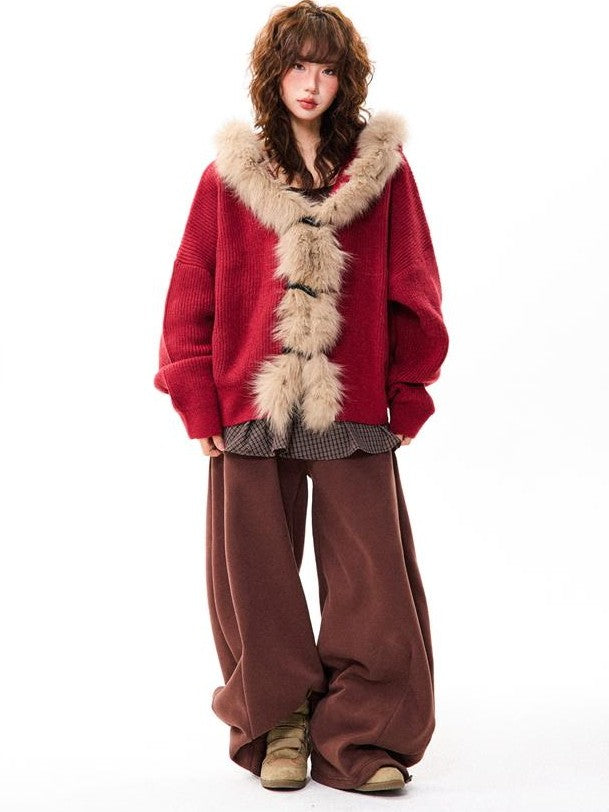 YOUNG STAGE Faux Fur Trim Hooded Zip Loose Fit Women's Knit Sweaters