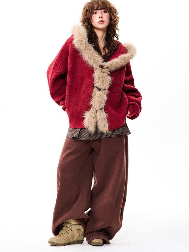 YOUNG STAGE Faux Fur Trim Hooded Zip Loose Fit Women's Knit Sweaters