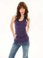 YOUNG STAGE Floral Print Butterfly Halter Neck U Neck Women's Slim Fit Tank Tops