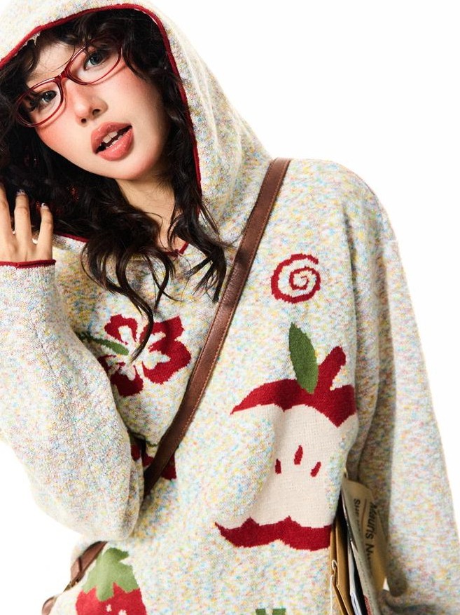 YOUNG STAGE Fruit Print Loose Fit Sweet Women's Polyester Knit Sweaters